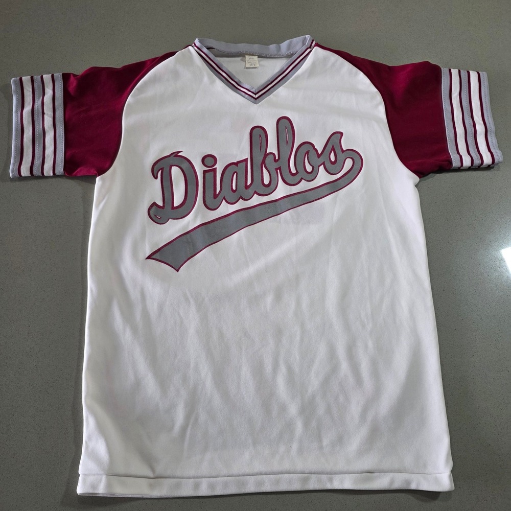 Vintage Bike Diablos Baseball Jersey Men Large White Maroon Raglan V-Neck 16 USA